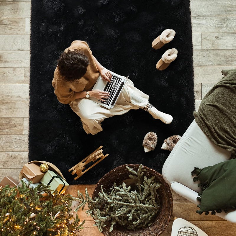 Softlife Black Area Rug for Bedroom, Fluffy Shag Plush Rugs for Living Room Girls, Shaggy Throw Soft Fuzzy Small Kids Carpet for Dorm Bedside Ultra Cozy Non-Slip Indoor Decor, 4x5.3 Feet - Image 5